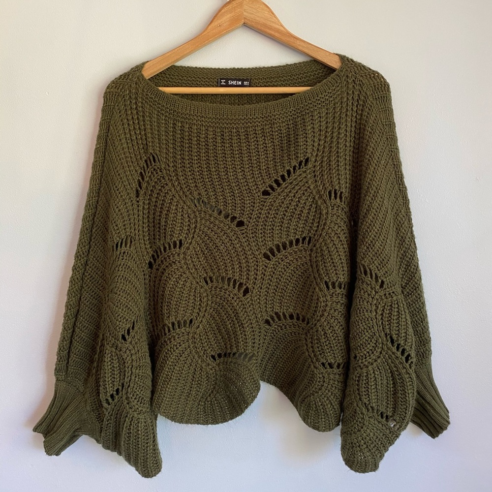 Olive green poncho knit sweater